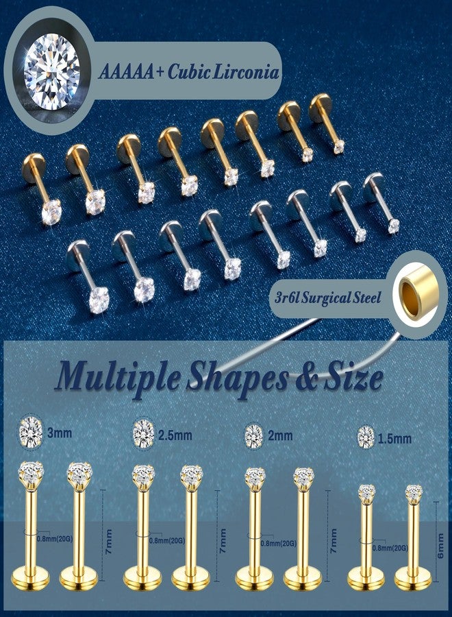 أقراط أنف من الفولاذ الجراحي عيار 14 قيراطًا 316L من ميدوجو، بدون خيوط، مرصعة بالزركونيا المكعبة، مناسبة للنساء والرجال، أقراط لابريت، أقراط شفاه، أقراط مسطحة من الخلف، مرصعة بالزركونيا المكعبة، مجوهرات ثقب الأنف، ثقب الزنمة، ثقب الحلزون، مضادة للحساسية، مقاس 20G - Image 3